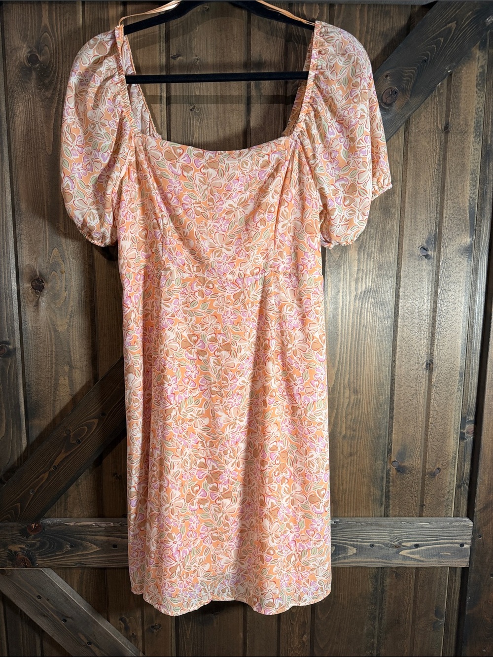 Peach Floral Puff-Sleeve Mini Dress